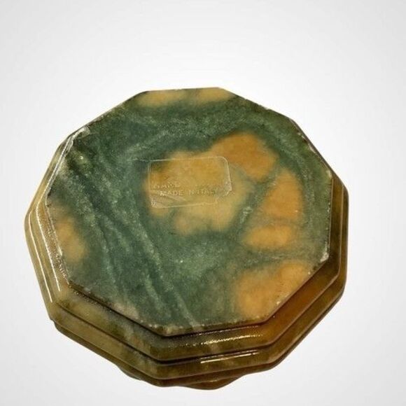 VTG Green Hand Carved Genuine Alabaster Jewelry Pill Hinged Trinket Box Italy - Picture 5 of 10